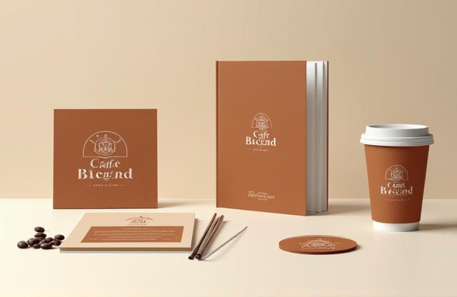 Graphic design mock-up showing a stylish coffee shop logo and branding elements
