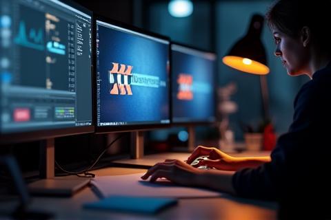 Graphic designer creating a logo and branding mock-up on a computer