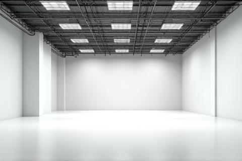Spacious, empty studio space with adjustable lighting rigs